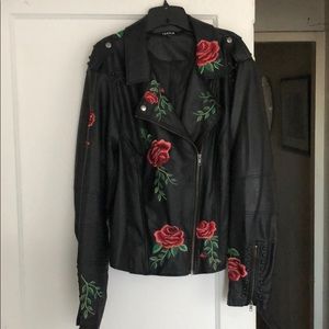Embroidered Faux Leather Moto Jacket